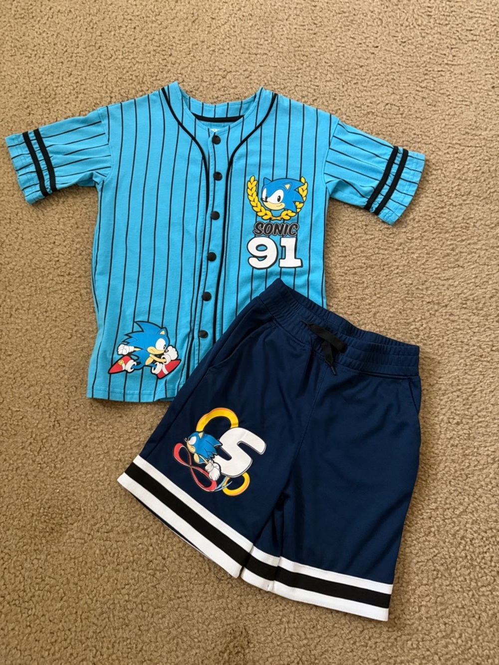 Sonic 91 Blue Pinstripe Kids Baseball Shirt & Navy Shorts Set
